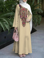 New Middle Eastern Style Muslim Elegant Robe, Soft Beige Base Neckline Exquisite Paisley Vintage Digital Print Women'S Long Abaya, Non-Embroidered Craft, Rich And Layered Pattern Colors, Loose And, Smooth Fabric, Festive Prayer And Banquet Wear - Mixed colors