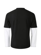 Spring/Autumn Men's Waffle Knit Henley Neck T-Shirt 2-in-1 Look Black and White Color Block Loose Long Sleeve Top - Black