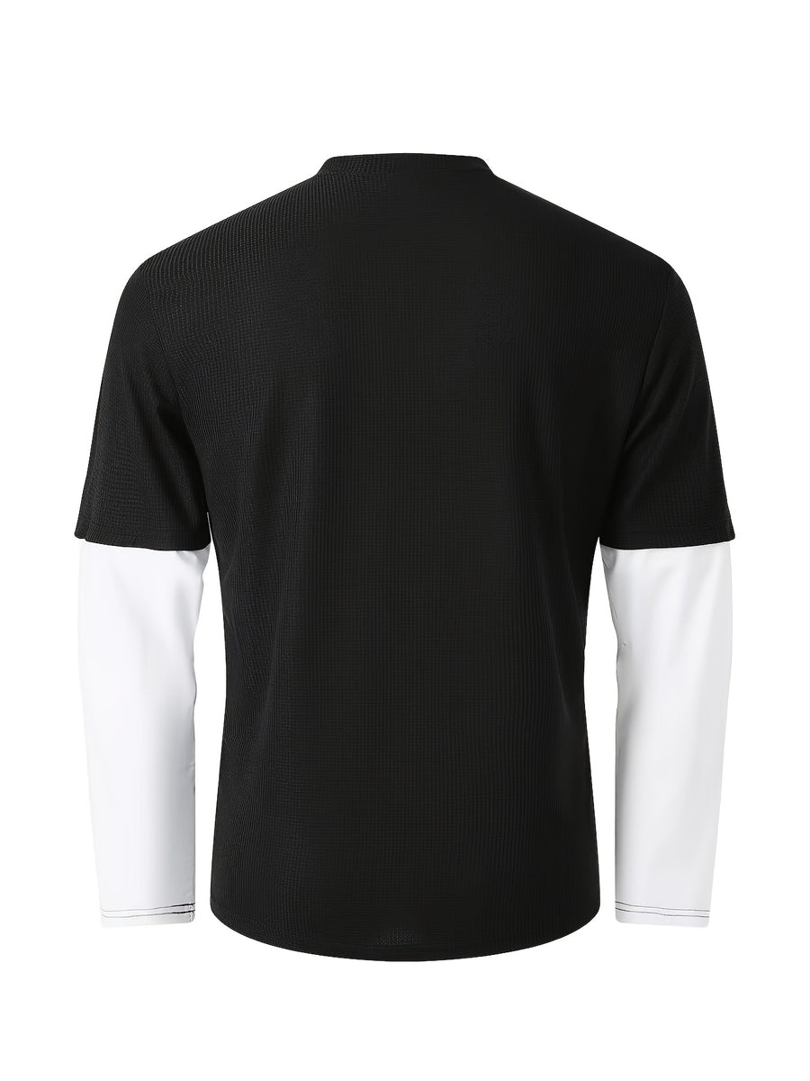Spring/Autumn Men's Waffle Knit Henley Neck T-Shirt 2-in-1 Look Black and White Color Block Loose Long Sleeve Top - Black