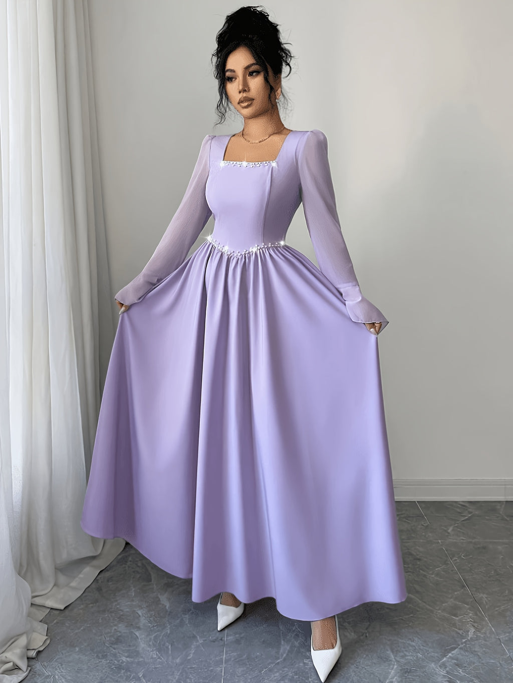 Women'S New Square Neck Pearl Embellished A-Line Waist Trumpet Sleeve Sweet Romantic Elegant Date Party Formal Evening Dress, Bridesmaid Dress - Purple