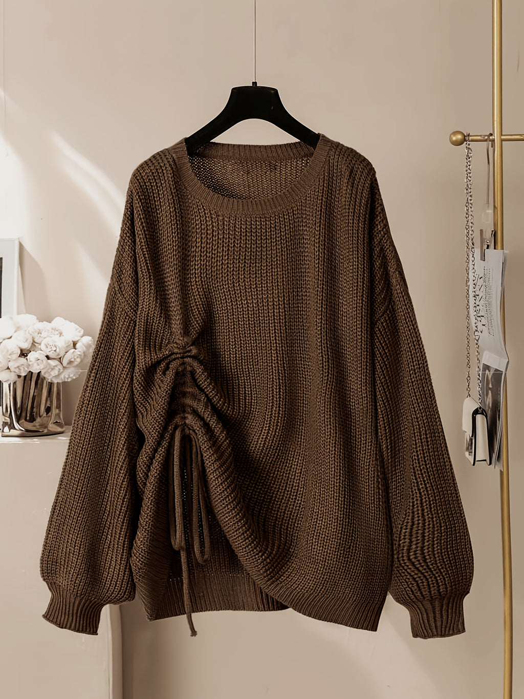 Plus Size, New Autumn/Winter Plus Size Women's Casual Round Neck Irregular Drawstring Sweater Fashion Long Sleeve Top - Coffee Color