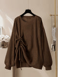 Plus Size, New Autumn/Winter Plus Size Women's Casual Round Neck Irregular Drawstring Sweater Fashion Long Sleeve Top - Coffee Color