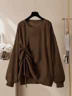 Plus Size, New Autumn/Winter Plus Size Women's Casual Round Neck Irregular Drawstring Sweater Fashion Long Sleeve Top - Coffee Color