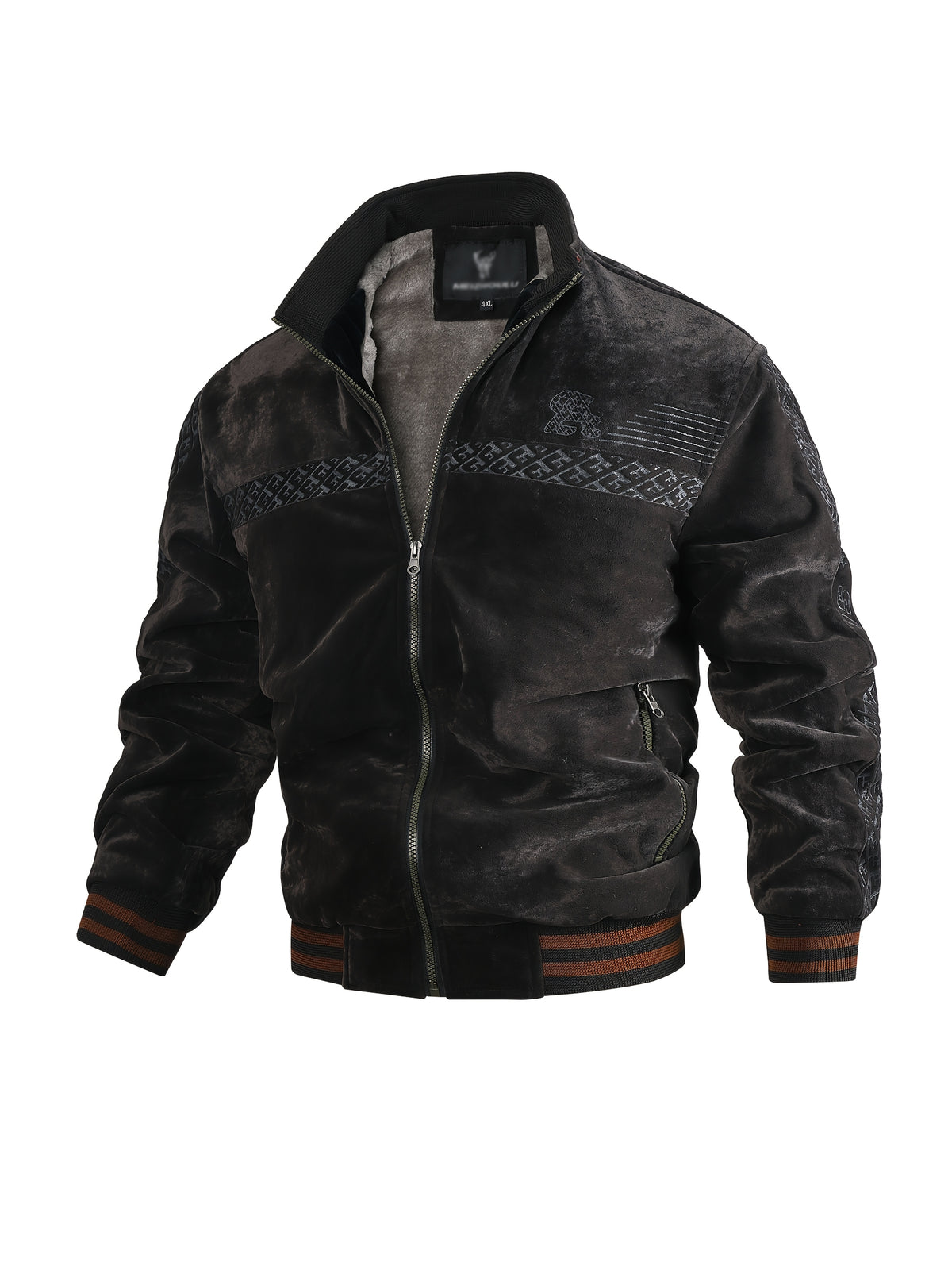 Autumn Winter Men'S Velvet Thickened Jacket, Vintage Jacquard Embroidery Stand Collar Bomber Coat, Loose Fleece Lined Warm Casual Outerwear, Multiple Colors Available - Grey