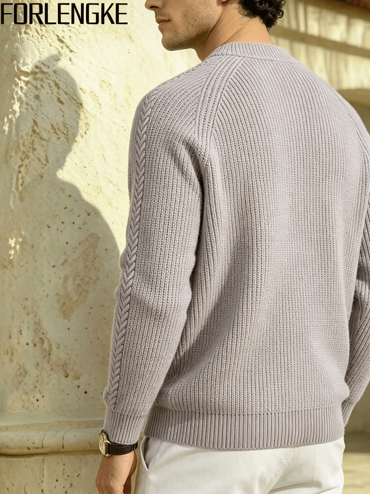FORLENGKE Men'S Crew Neck Knitted Pullover with Vertical Cable Texture, Perfect for Solo Wear in Autumn And Winter to Show Texture Or Layered for a Stylish Look, Suitable for Shopping, Going Out, Parties, And Various Daily Occasions - Light Purple