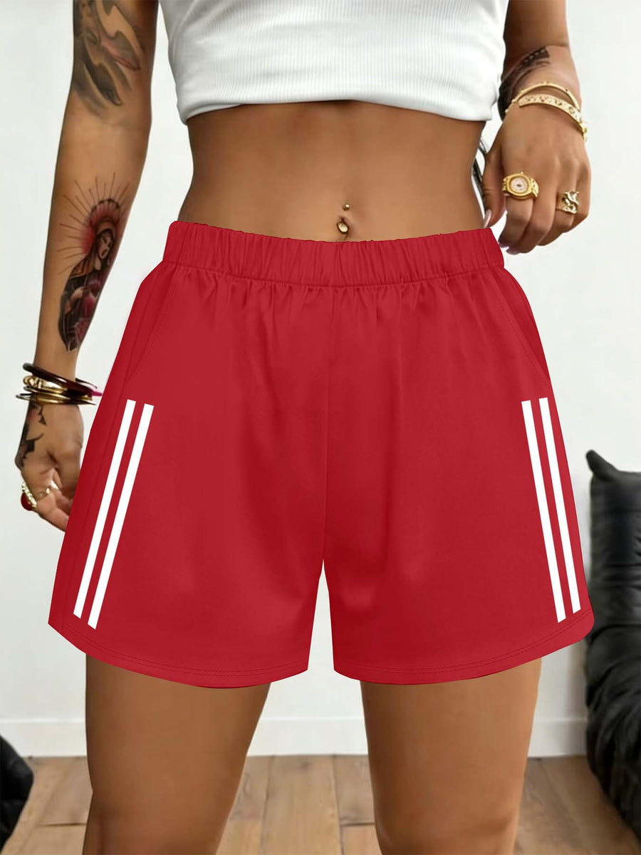 2026 Spring/Summer New Women'S Bottoms Minimalist Fashion White Striped Print Light Daily Home Leisure Comfortable Elastic Waist Shorts with Pockets on Both Sides - Red