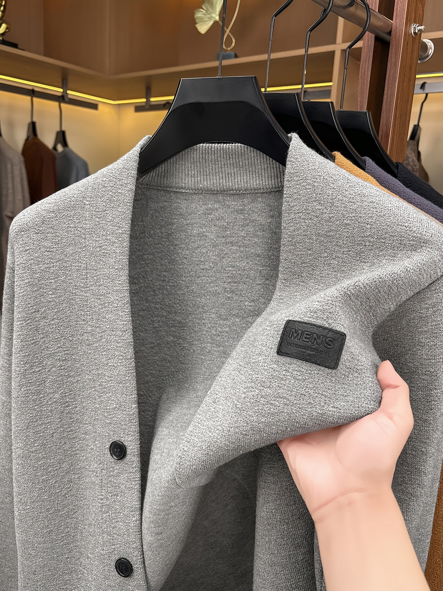 1pc Spring Autumn Men'S V-Neck Cardigan Knit Jacket Single Fake Button Cardigan Sweater Easy All-Match Casual Outerwear Knit Top - Light Grey