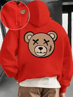 Men's Fashion Hoodie, Loose Fit Casual Top with "Bear" Letter Print, Long Sleeve Sweatshirt with Kangaroo Pocket, Casual Polyester Knit Fabric, Machine Washable, Suitable for Outdoor Casual Wear - Red