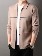 Xingfan Autumn/Winter Men's Line Embroidery Cardigan Long Sleeve Casual Lapel Knitted Outerwear - Camel