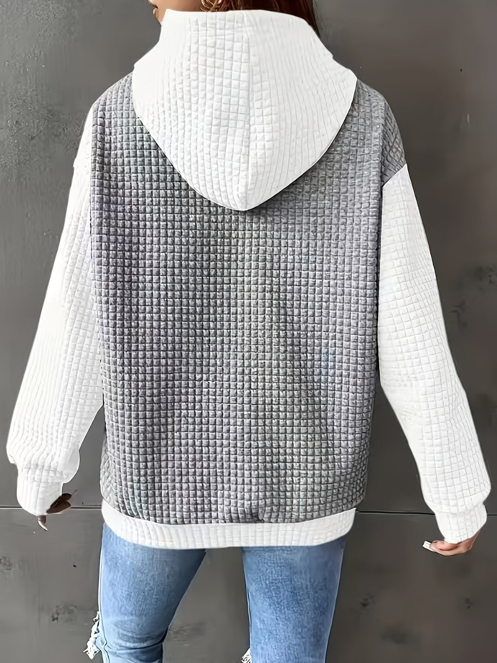Women's Casual Oversized Hoodie with Checkered Texture & Letter Print, Kangaroo Pocket, Long Sleeve Loose Fit Sweatshirt for Fall Winter, Machine Washable, Fall Fashion, Relaxed Style, Comfortable Texture, Print Sweatshirt, Cozy Wear - Light Grey