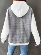 Women's Casual Oversized Hoodie with Checkered Texture & Letter Print, Kangaroo Pocket, Long Sleeve Loose Fit Sweatshirt for Fall Winter, Machine Washable, Fall Fashion, Relaxed Style, Comfortable Texture, Print Sweatshirt, Cozy Wear - Light Grey