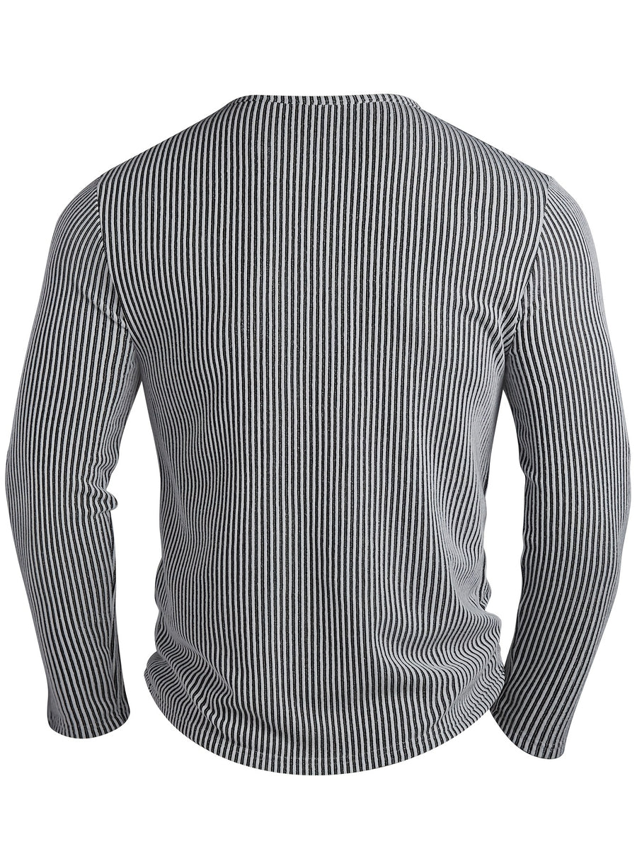 Men's Fashion Top, Autumn/Winter Casual Textured Ribbed Fabric Crew Neck Single-Breasted Long Sleeve Men's Henley Shirt - White