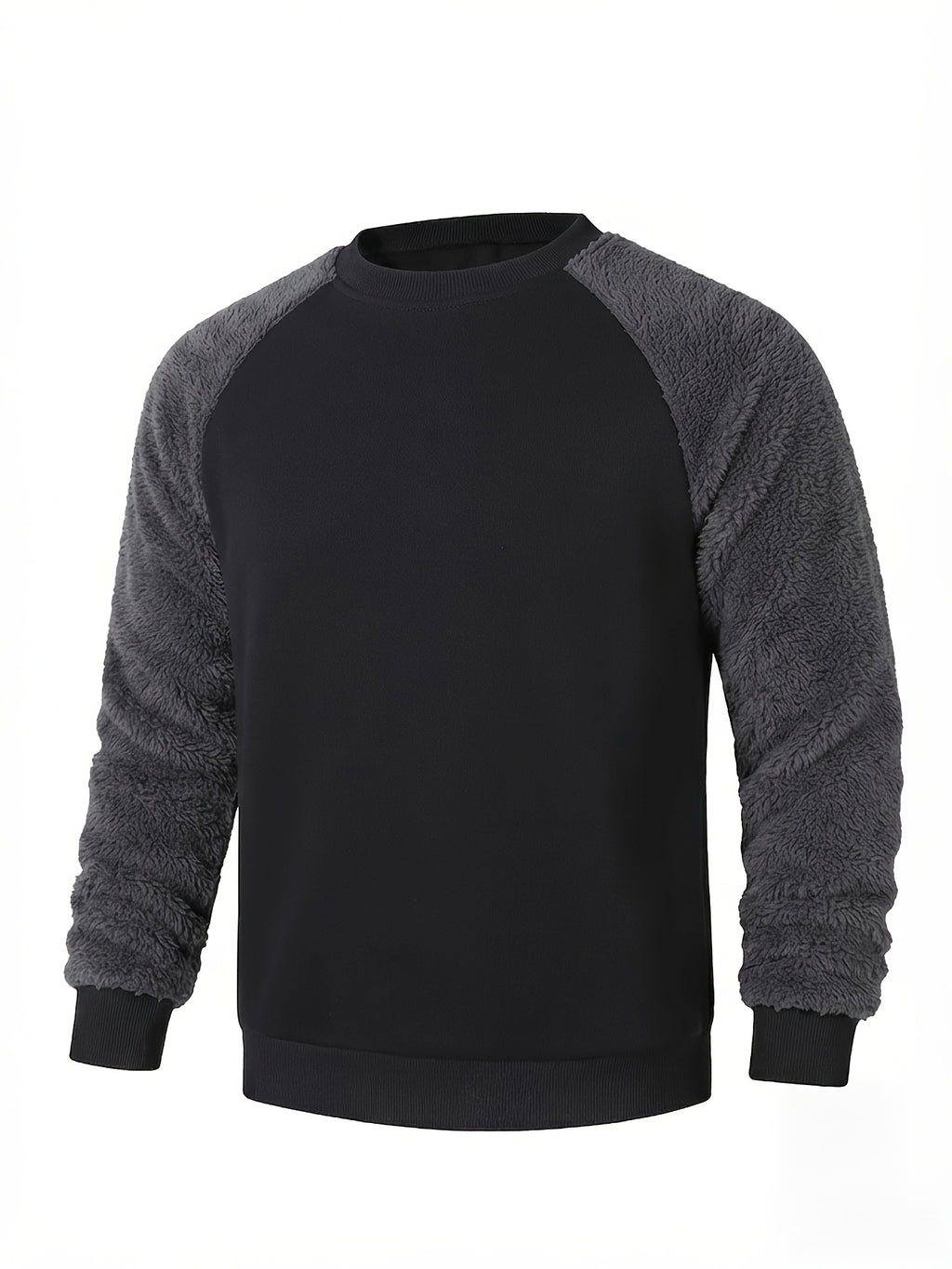 Men'S Autumn And Winter Round Neck Plush Sweatshirt, Featuring Fashionable Color Block Patchwork Pattern And Solid Color Design, Shoulder Sleeve Sweatshirt. Anti-Wrinkle Soft Knit Material - Black