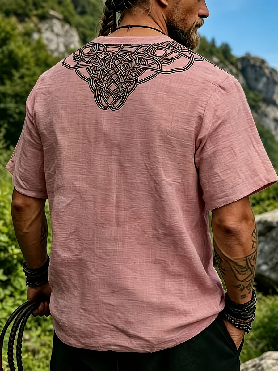 2026 Summer New Men'S Ethnic Style Short Sleeve Print V-Neck T-Shirt, Loose Casual Top - Pink Color