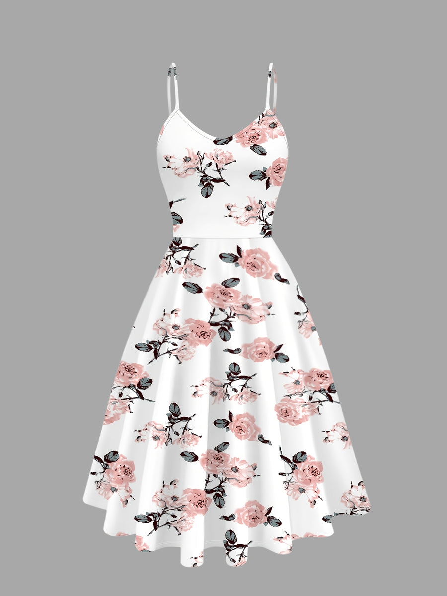 Women'S Elegant Dress Set, Solid Color V-Neck Twist Short Sleeve Top, Floral Print Suspender Dress Two-Piece Set - Pink Color