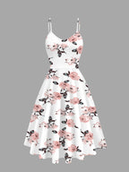 Women'S Elegant Dress Set, Solid Color V-Neck Twist Short Sleeve Top, Floral Print Suspender Dress Two-Piece Set - Pink Color