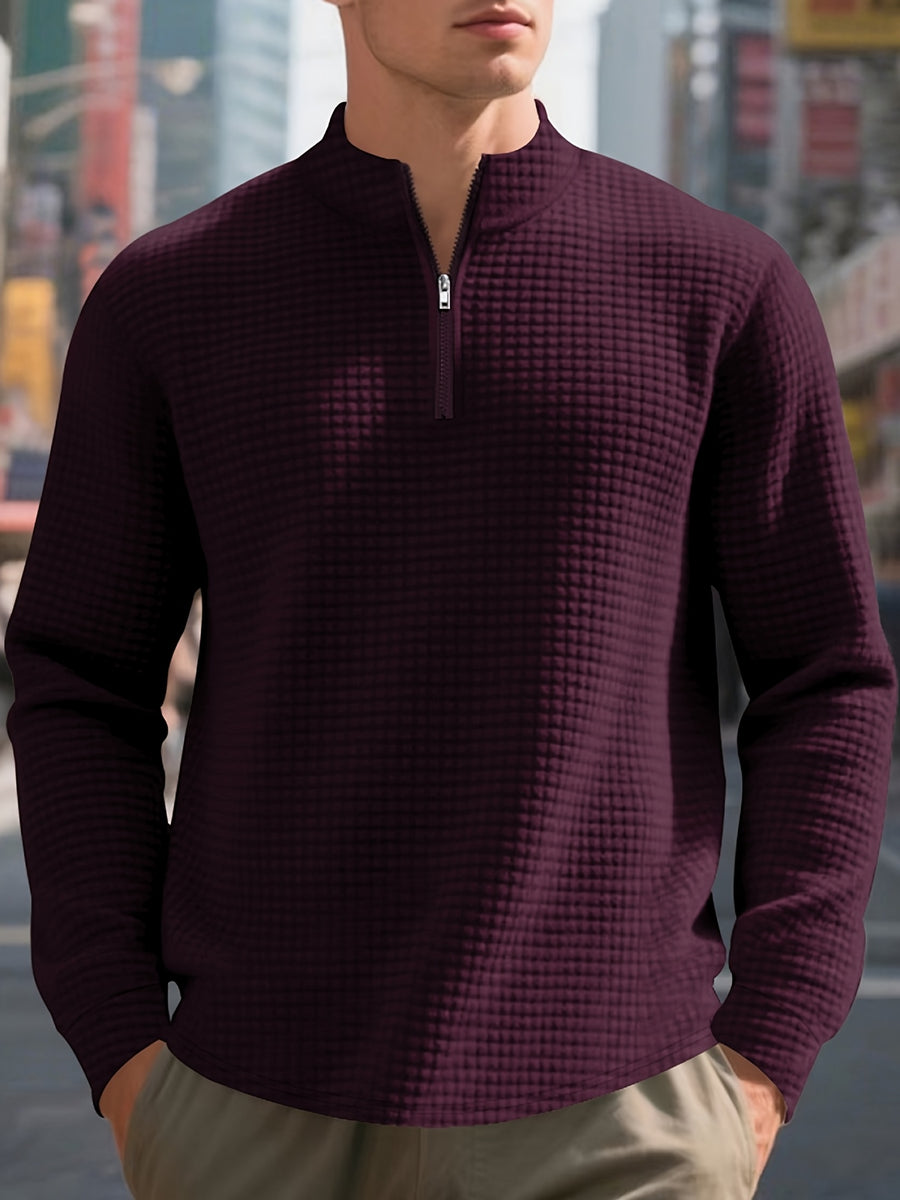 Men'S Four-Season Minimalist Casual Loose Jacquard Stand Collar Half-Zip Base Sweatshirt - Burgundy