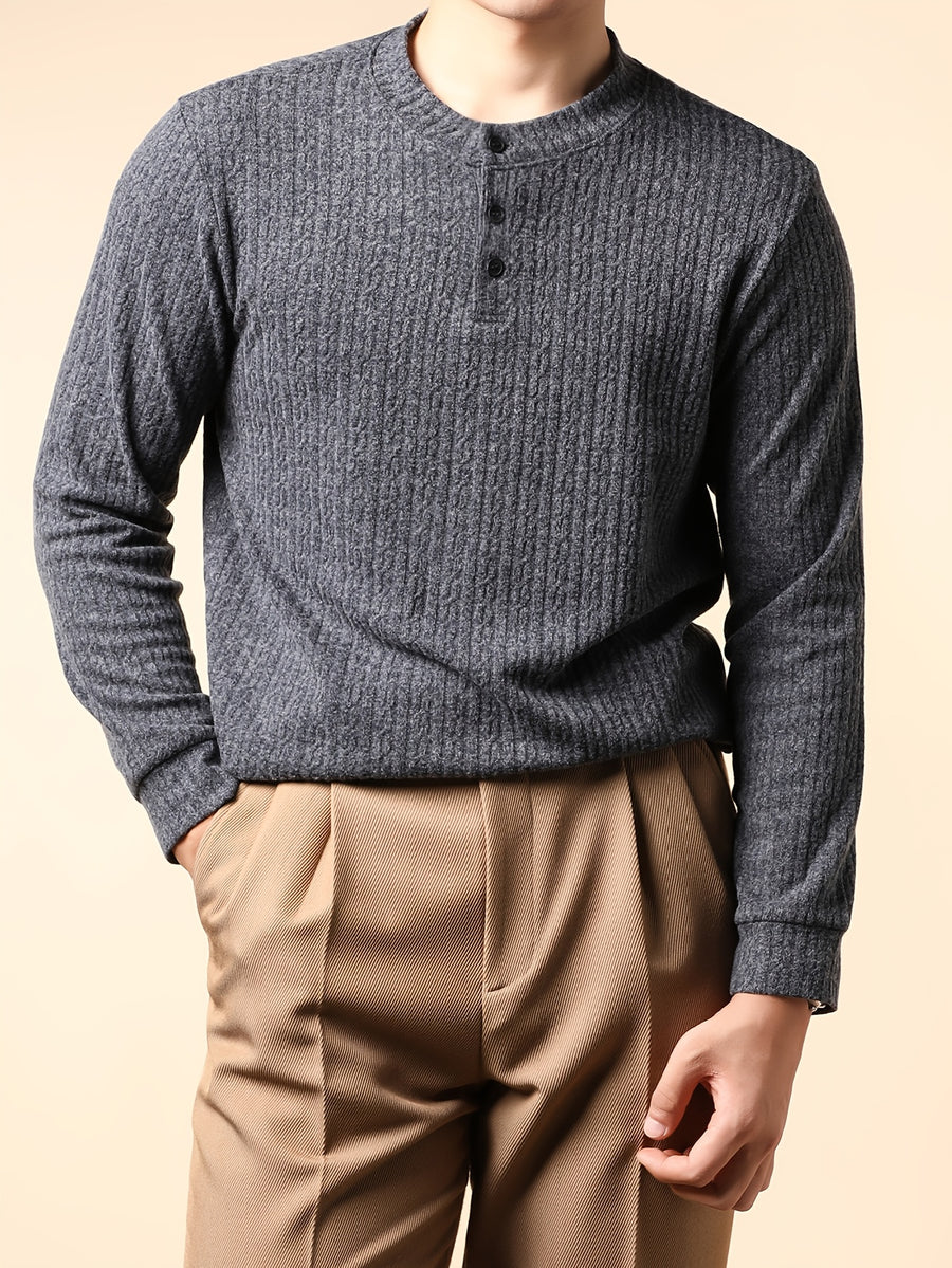 Father'S Day Men'S Fashion Henley Shirt Gray Round Neck Easy Casual Long Sleeve Top for Home And Work in Spring And Autumn - Dark Gray