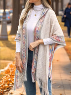Elegant Special Edition 'Net Body Bust' Vacation Style 1pc Women's Diamond Jacquard Hooded Cape Cardigan, Vintage Ethnic Style Solid Color Tassel Fashionable Elegant European and American Style Warm Sweater Coat, Suitable for Spring, Autumn - White