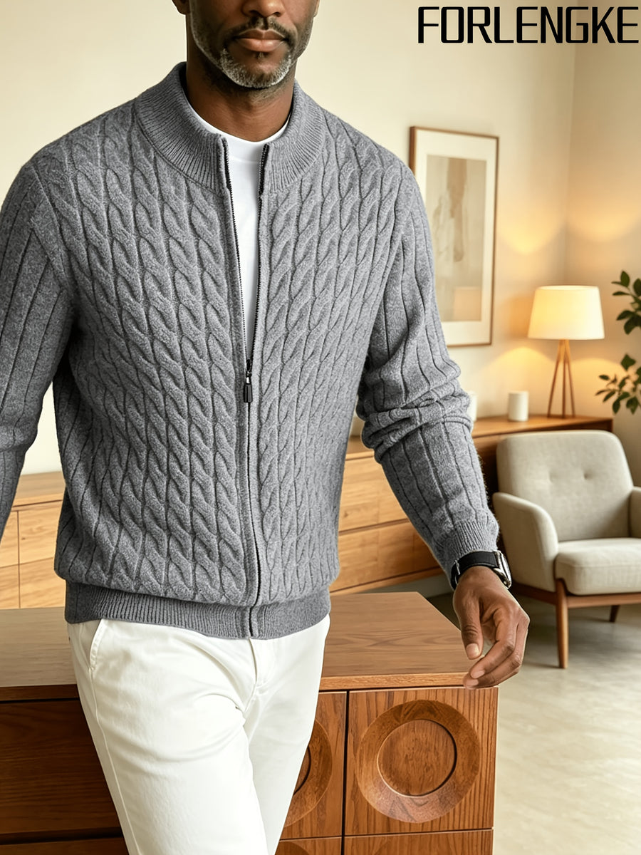 FORLENGKE Men'S Solid Color Stand Collar Cable Knit Zip Cardigan, Autumn And Winter Vintage Braided Texture Sweater, Casual Regular Fit, Suitable for Commuting And Traveling, Versatile Men'S Knit Jacket Available in Multiple Colors - Grey