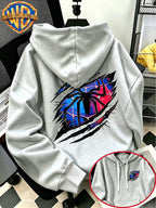 Warner Bros Official Autumn/Winter Casual Sporty Loose Hooded Sweatshirt, Red and Blue Ripped Claw Mark Spiderweb Trendy Cool Vintage Print, Men's Casual Versatile Adjustable Drawstring Sweatshirt, Comfortable and Casual Autumn/Winter Apparel - Light Grey