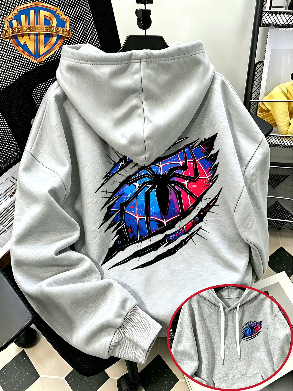 Warner Bros Official Autumn/Winter Casual Sporty Loose Hooded Sweatshirt, Red and Blue Ripped Claw Mark Spiderweb Trendy Cool Vintage Print, Men's Casual Versatile Adjustable Drawstring Sweatshirt, Comfortable and Casual Autumn/Winter Apparel - Light Grey