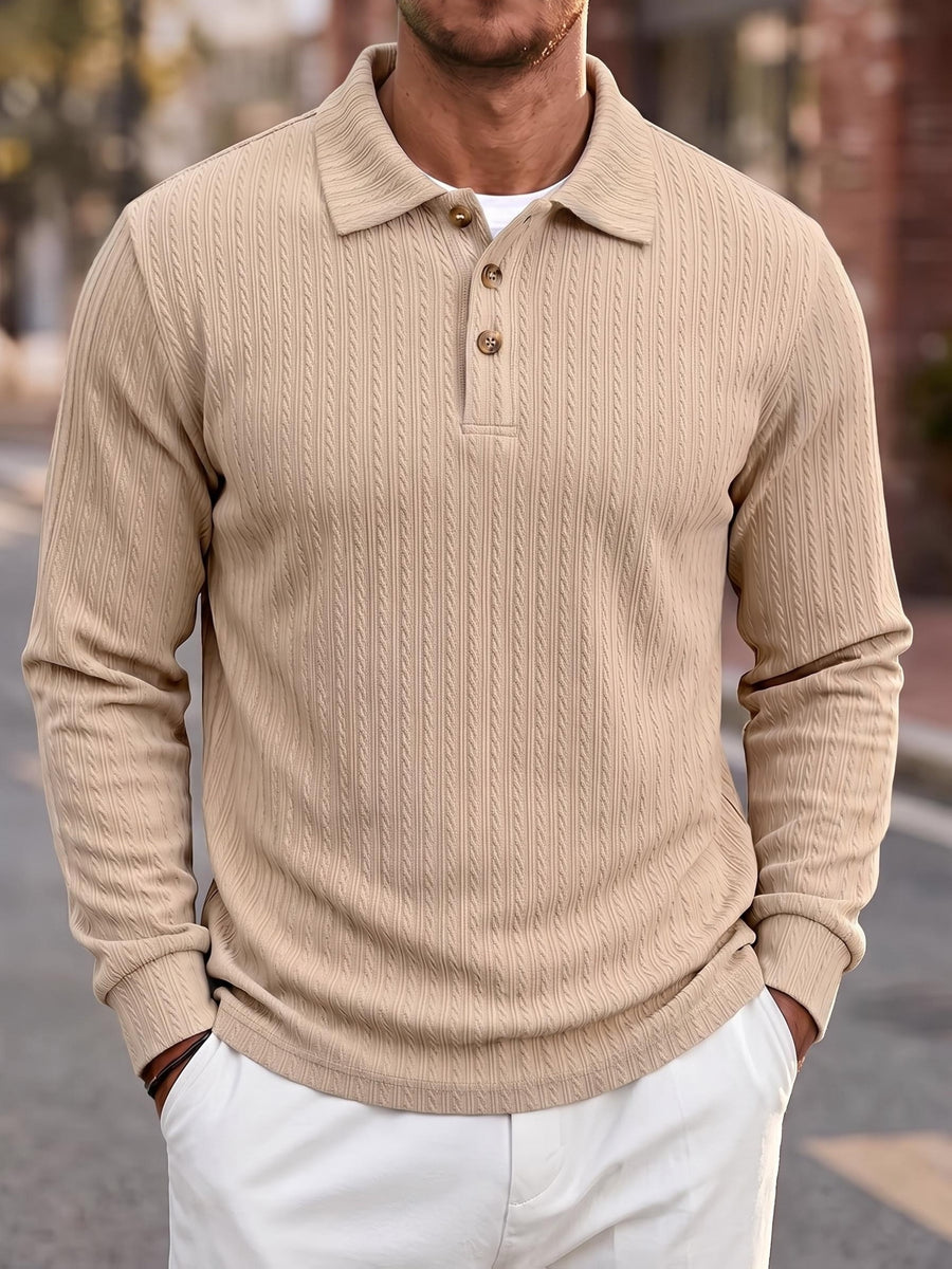 Men'S Casual Jacquard Polo Shirt, Autumn Easy Style Elastic Long Sleeve Textured Fabric Slim Fit Base Layer Top - Khaki