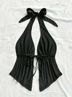 Sexy V-Neck Metallic Detail Backless Cami with Ruffled Hem Top - Black