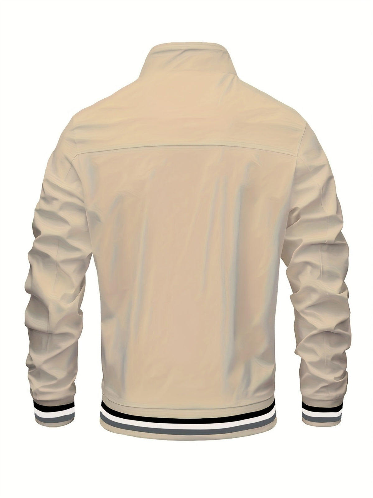 Men'S Sports Solid Color Stand-Up Collar Jacket, Color Striped Rib Hem, Lightweight And Windproof, Creative Three-Bar Totem Design Elements, Suitable for Jogging in Spring And Autumn, Daily Casual Versatile - Khaki