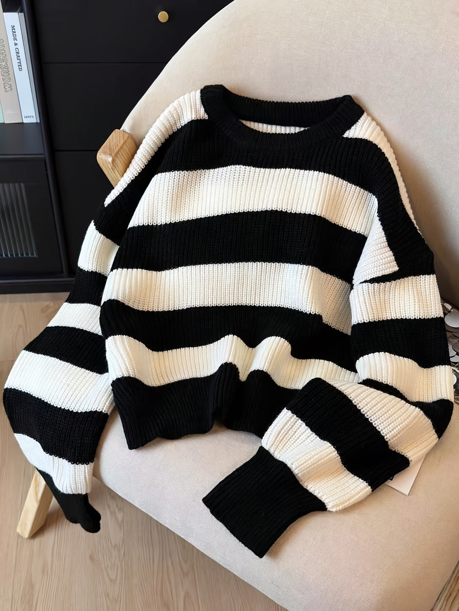 Women'S Spring Autumn Sweater, Color-Block Striped Contrast Round Neck Long Sleeve Top, Loose Casual All-Match Daily Wear - Black