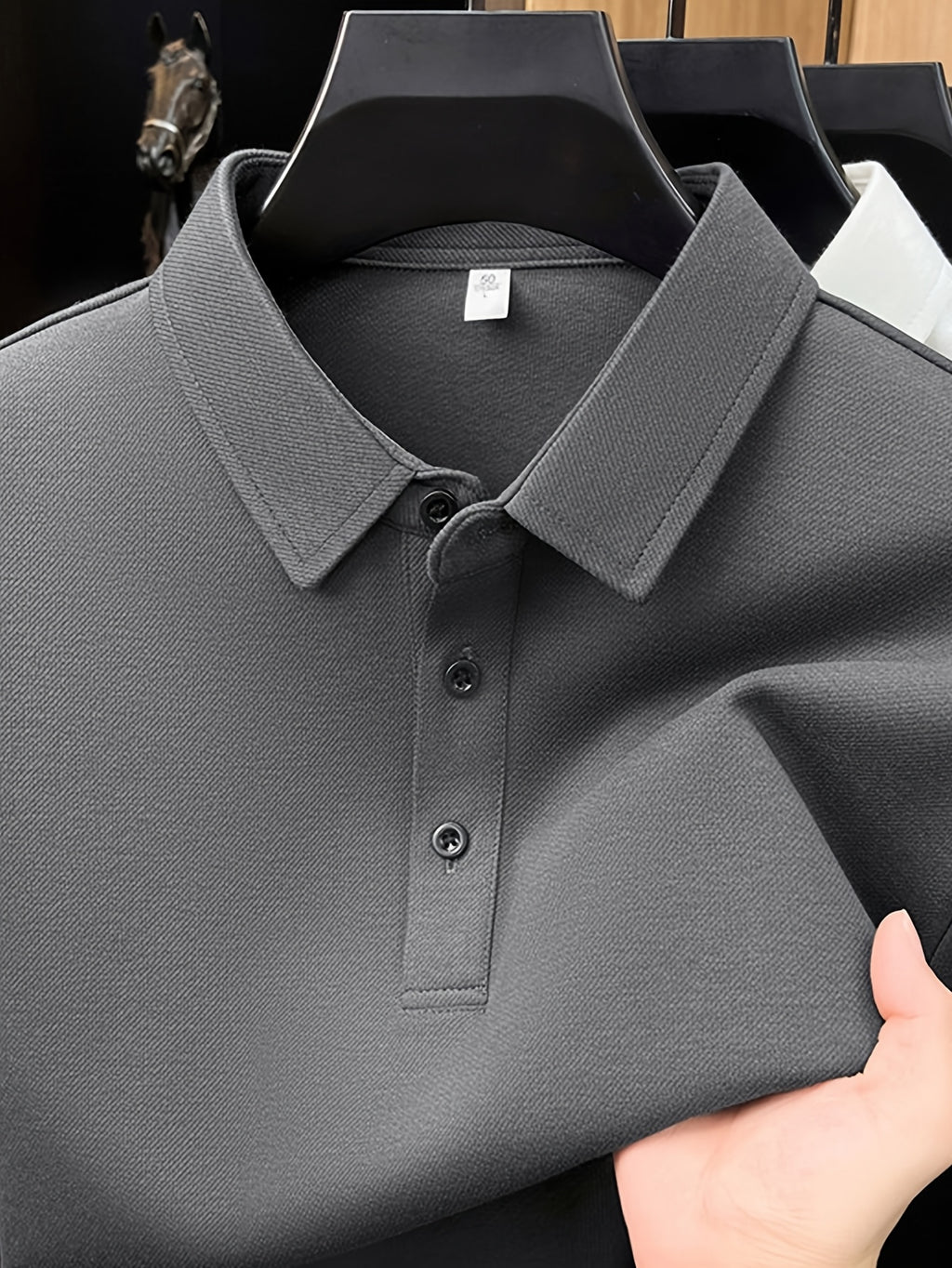 Men's Solid Color Long-Sleeve Polo Shirt, Simple and Clean Design Without Logo, Slightly Relaxed Fit, Flattering on All Body Types, Suitable for Spring and Autumn - SINBOS - Dark Gray