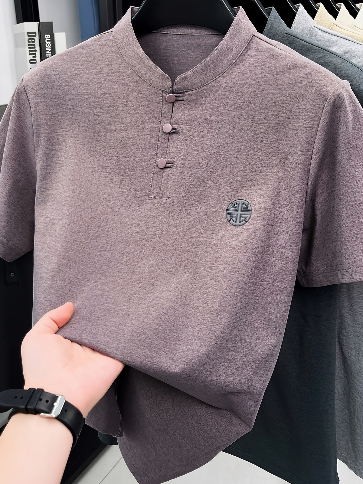 New Summer Chinese Hero Ancient Style Three-Button Access Control Short-Sleeve Men's T-Shirt, Stylish Casual Novelty Men's Top, Refreshing Quick-Drying, Durable and Skin-Friendly Apparel JC8912 - Fuchsia