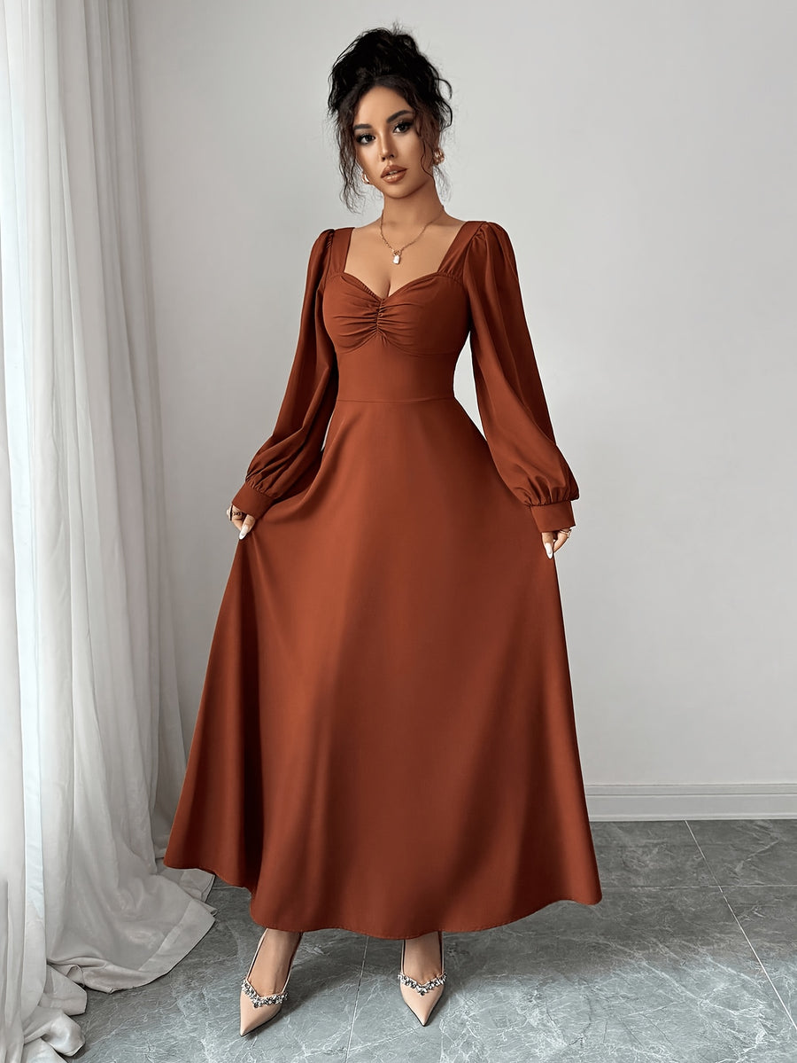 Solid Color Sweetheart Neckline Ruffled Long Dress, Lantern Puff Sleeve Waist-Cinching Flowing A-Line Women'S Dress, Suitable for Wedding Guests, Evening Parties, Office Commute, Dinner Dates, And Casual Outings - Light Brown-1