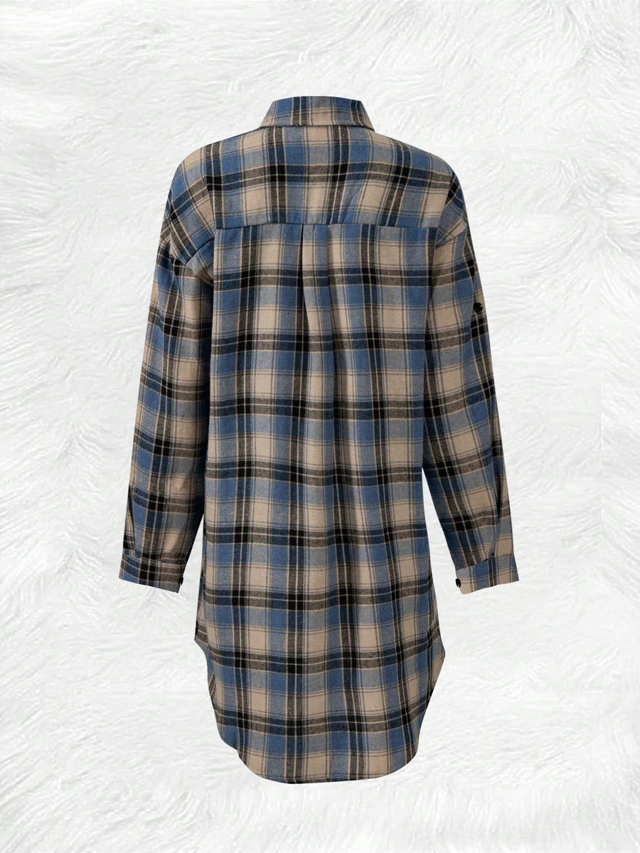 Mid-length Loose-fit Casual Plaid Shirt - Blue