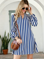 Women'S Friends Kasaya Striped Slit Neck Waist-Cinching Dress - Royal Blue