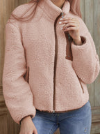 Applique Contrast Trim Zipper Cardigan Casual Plush Jacket - Pink Color