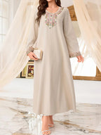 Casual Long-Sleeve Dress with Lace Collar And Cuffs in Solid Color, Designed for Women in The Middle Eastern Style - Khaki