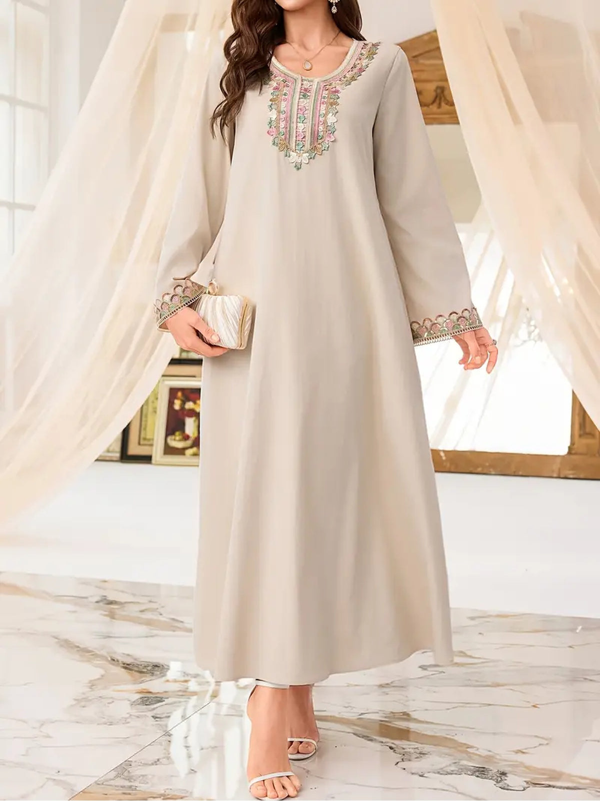 Casual Long-Sleeve Dress with Lace Collar And Cuffs in Solid Color, Designed for Women in The Middle Eastern Style - Khaki