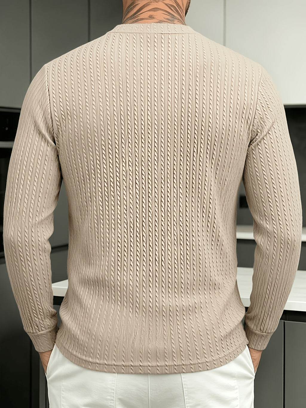 Halloween Thanksgiving Black Friday Cyber Monday Christmas Ultra V 2pcs Men'S Vertical Texture Henley Long Sleeve T-Shirts, High-Elastic Jacquard Fabric Slimming And Slimming, Semi-Open Button Collar Easy And Atmospheric - Black Khaki