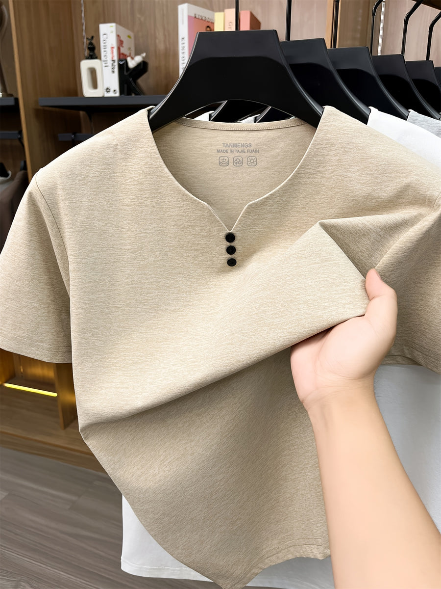 [Qiaoximei OBM] Summer New Men'S Henley Shirt, Collarless Solid Color Top, Faux Button Decoration, Golf Casual Wear, Suitable for Outings And Casual Wear, Men'S Gift - Beige Apricot