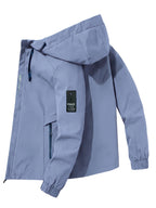 Men's Lightweight Softshell Jacket with Hood, 100% Polyester Solid Color, Regular Fit, Long Sleeves, Zippered Pockets, Outdoor Casual Style - Black+Blue
