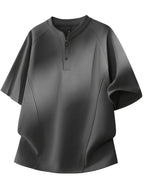 Men's Summer Small Henley Collar Two-Button Three-Dimensional Darted Cut Short Sleeve T-Shirt, Unisex Loose Raglan Curved Hem Top - Dark Gray