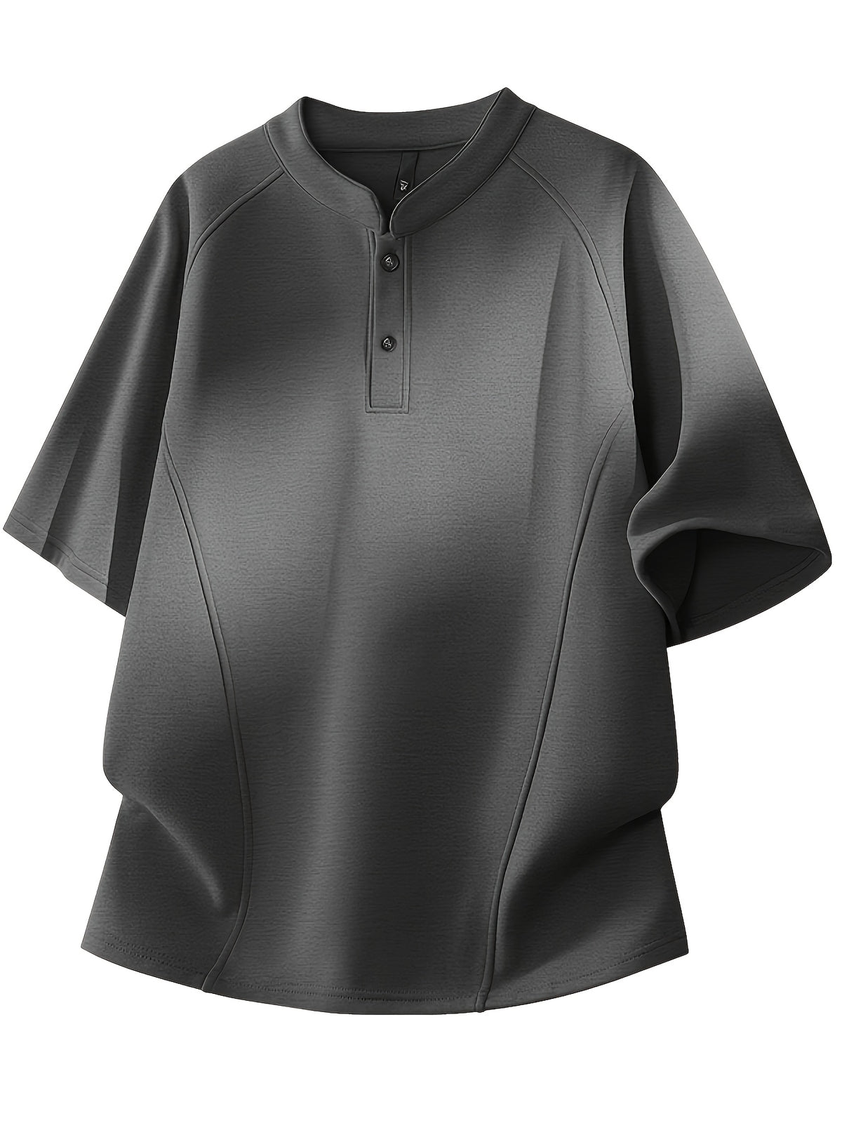 Men's Summer Small Henley Collar Two-Button Three-Dimensional Darted Cut Short Sleeve T-Shirt, Unisex Loose Raglan Curved Hem Top - Dark Gray