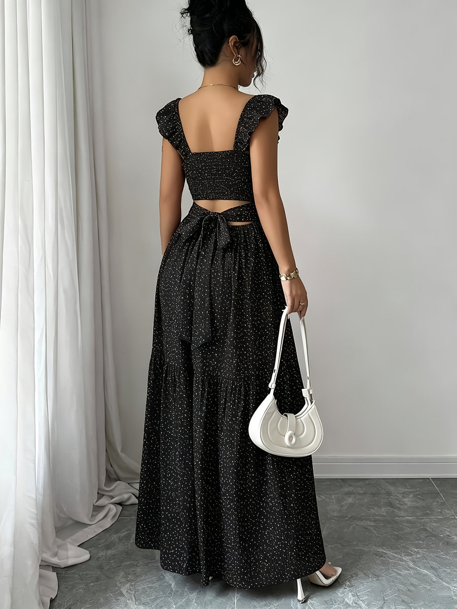 Vintage Red Polka Dot Square Neckline Ruffle Hem Dress with Backless Bow Waist Tie and Flared Skirt, Vacation Style Women's Dress - Black