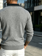 FORLENGKE Stylish Elegant Men'S Business Casual Color Block Lapel Polo Knit Sweater, Soft Skin-Friendly Thick Long Sleeve Pullover for Fall Winter Office Daily Wear - Grey