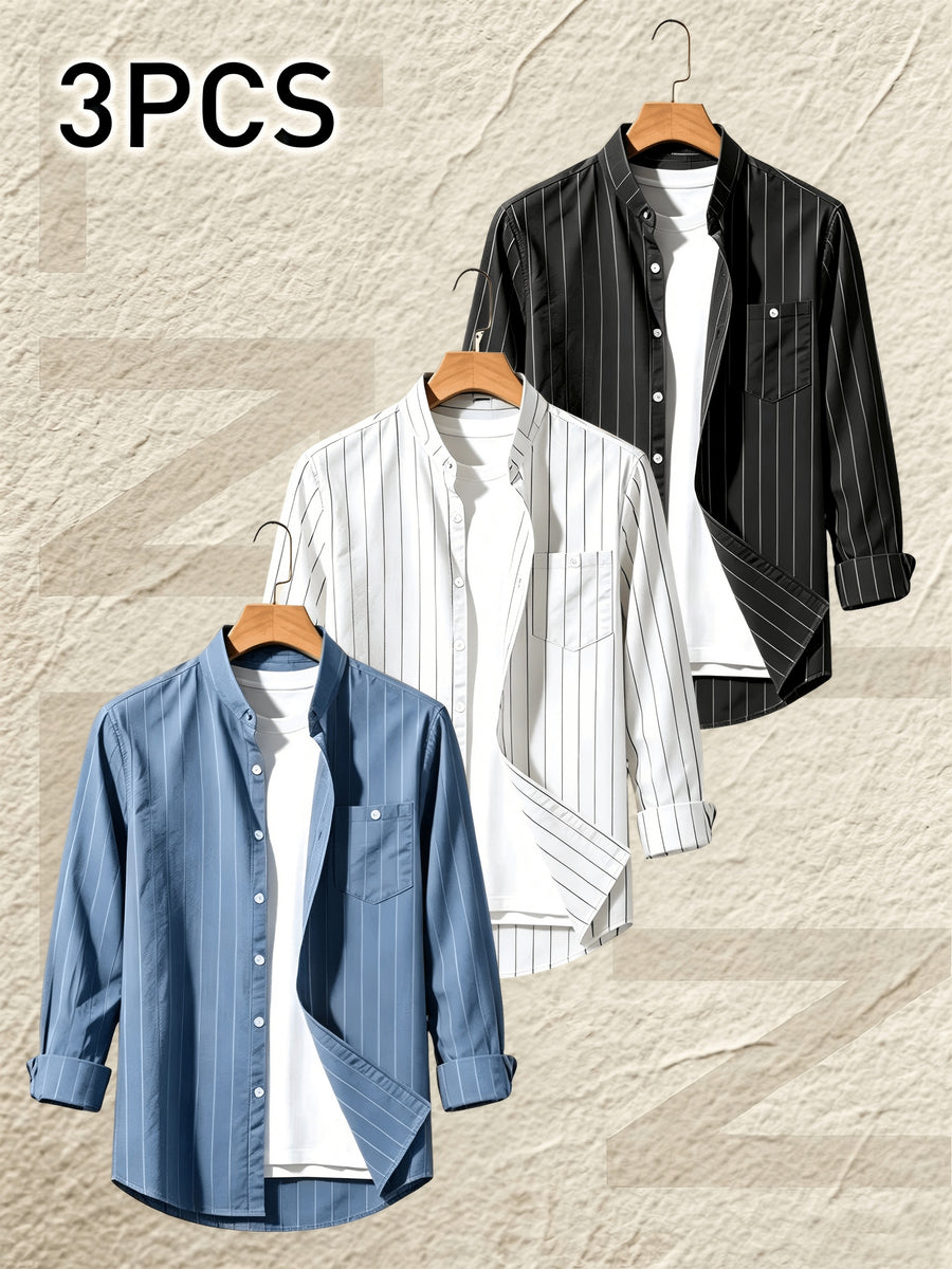 Pearson OBM 3pcs Set Men's Striped Linen Long-Sleeve Shirt; Sporty Casual Lapel Shirt with Pockets; Fashionable, Breathable, and Comfortable Fabric; Top for Beach Vacations and Outdoor Travel - Blue+white+black