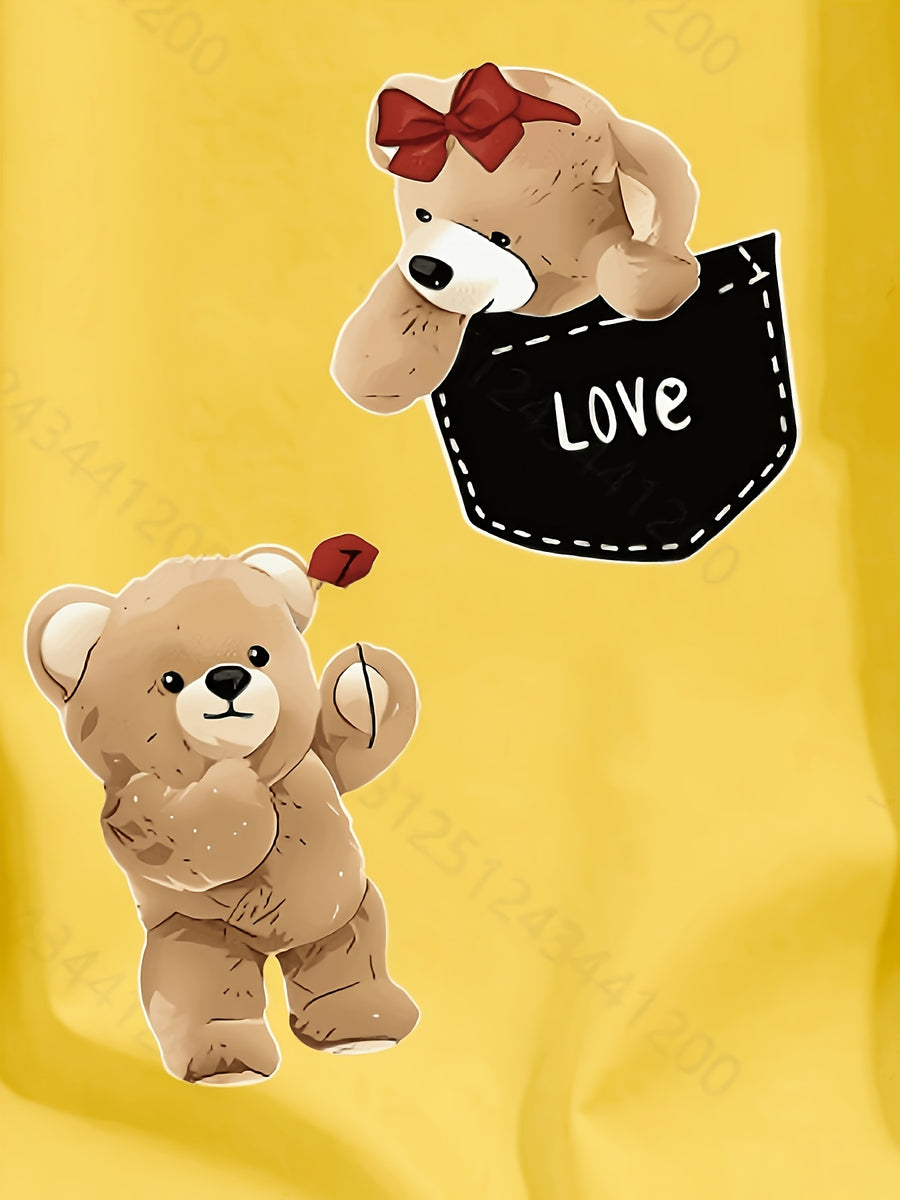 Women' Oversized Pocket Bear T-Shirt - Loose Fit Midi-Length Short Sleeve Round Neck -Compatible Top with Hip-Covering | Spring Summer Casual Wear Suitable for Layering, Machine Washable Non- Pocket Tee - Yellow