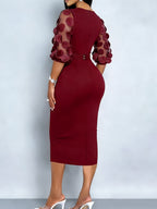 Women's Spring/Autumn Niche Chic Light Luxury High-End Simple and Elegant Round Neck Spliced Mesh Sleeve Hem with Front Slit Design, Includes Belt, Temperamental, Versatile for Daily Wear, Valentine's Day Dates, Gatherings, Vacations - Burgundy