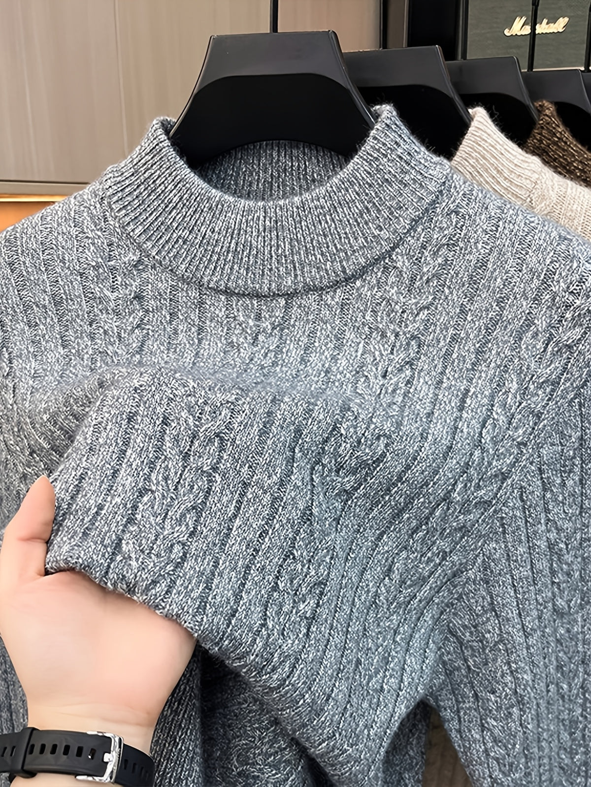 Men'S Semi-High Neck Jacquard Knit Sweater, Yarn Blend Thick Textured Velvet Base Layer, Stable Business Autumn Winter Knit Top - SINBOS - Light Mixed Grey