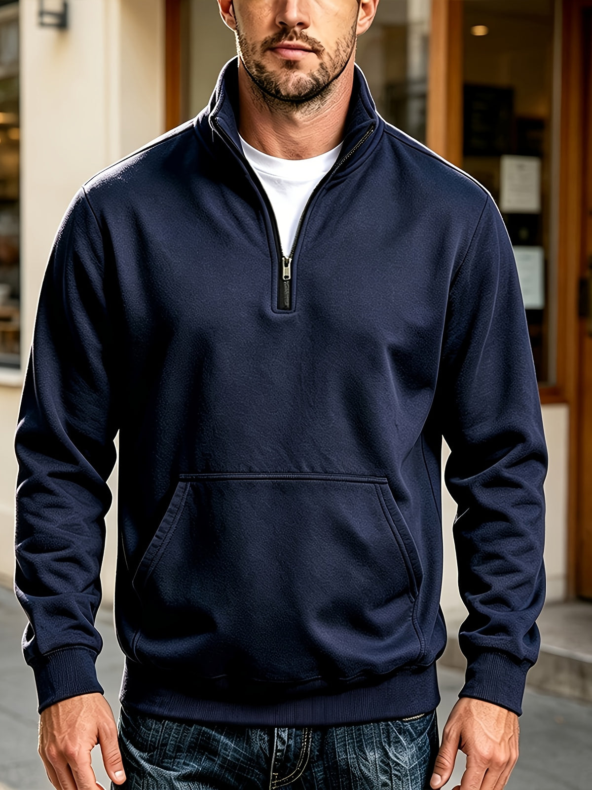 Josh Mei'S Selection of Henley Collar Shirts, Autumn And Winter Sweatshirts, Loose Casual Zip-Up Pullover Solid Color Stand Collar Fleece-Lined Solid Color Men'S Shirts - Navy Color